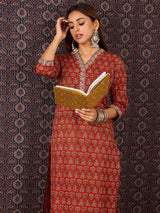 Women's Red Printed Straight Kurta Trouser set