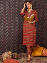 Women's Red Printed Straight Kurta Trouser set