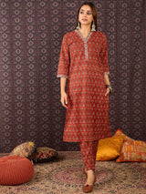 Women's Red Printed Straight Kurta Trouser set