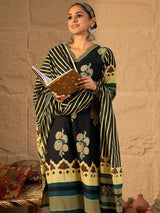 Women's Black Printed Straight Kurta Trouser With Dupatta Set