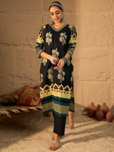 Women's Black Printed Straight Kurta Trouser With Dupatta Set