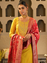 Women's Yellow Embroidered Straight Kurta Trouser With Dupatta Set