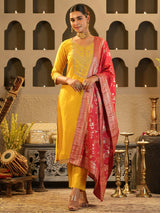 Women's Yellow Embroidered Straight Kurta Trouser With Dupatta Set