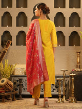 Women's Yellow Embroidered Straight Kurta Trouser With Dupatta Set
