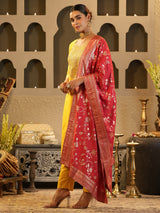 Women's Yellow Embroidered Straight Kurta Trouser With Dupatta Set