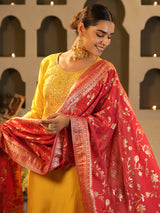 Women's Yellow Embroidered Straight Kurta Trouser With Dupatta Set