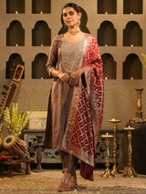 Women's Brown Embroidered Straight Kurta Trouser With Dupatta Set