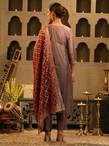 Women's Brown Embroidered Straight Kurta Trouser With Dupatta Set