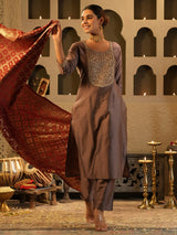 Women's Brown Embroidered Straight Kurta Trouser With Dupatta Set