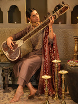Women's Brown Embroidered Straight Kurta Trouser With Dupatta Set