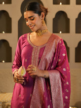 Women's Pink Embroidered Straight Kurta Trouser With Dupatta Set