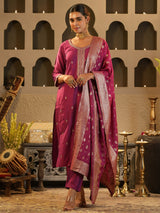 Women's Pink Embroidered Straight Kurta Trouser With Dupatta Set