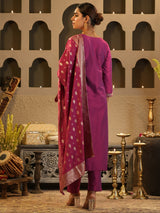 Women's Pink Embroidered Straight Kurta Trouser With Dupatta Set