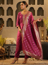 Women's Pink Embroidered Straight Kurta Trouser With Dupatta Set
