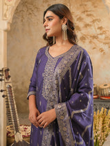 Women's Purple Embroidered Straight Kurta Trouser With Dupatta Set