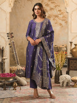 Women's Purple Embroidered Straight Kurta Trouser With Dupatta Set