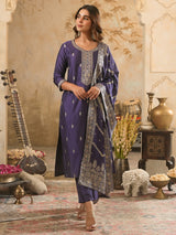Women's Purple Embroidered Straight Kurta Trouser With Dupatta Set