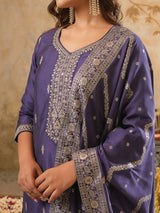 Women's Purple Embroidered Straight Kurta Trouser With Dupatta Set