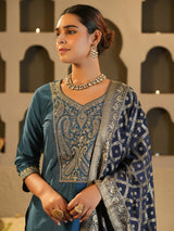 Women's Blue Embroidered Straight Kurta Trousers With Dupatta Set