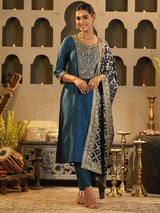 Women's Blue Embroidered Straight Kurta Trousers With Dupatta Set