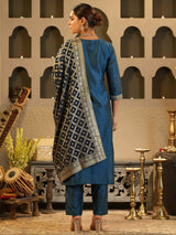 Women's Blue Embroidered Straight Kurta Trousers With Dupatta Set