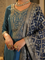 Women's Blue Embroidered Straight Kurta Trousers With Dupatta Set