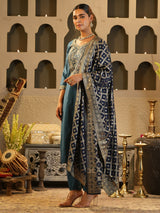 Women's Blue Embroidered Straight Kurta Trousers With Dupatta Set