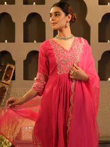 Women's Pink Embroidered A-Line Kurta Trouser With Dupatta set