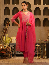 Women's Pink Embroidered A-Line Kurta Trouser With Dupatta set