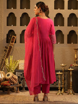 Women's Pink Embroidered A-Line Kurta Trouser With Dupatta set
