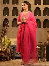 Women's Pink Embroidered A-Line Kurta Trouser With Dupatta set