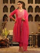 Women's Pink Embroidered A-Line Kurta Trouser With Dupatta set