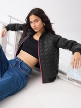 Women's Black Casual Regular Fit Solid Full Sleeves Puffer Jacket