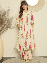 Women's White Printed A-Line Kurta Palazzos Set