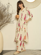 Women's White Printed A-Line Kurta Palazzos Set