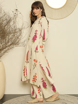 Women's White Printed A-Line Kurta Palazzos Set