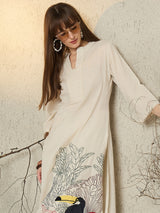 Women's Off White Embroidered Straight Kurta Palazzos Set
