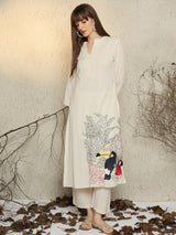 Women's Off White Embroidered Straight Kurta Palazzos Set