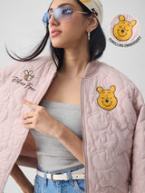 Women's Peach Casual Regular Fit Embroidered Full Sleeves Puffer Jacket