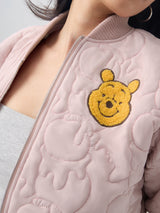 Women's Peach Casual Regular Fit Embroidered Full Sleeves Puffer Jacket