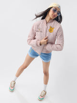 Women's Peach Casual Regular Fit Embroidered Full Sleeves Puffer Jacket