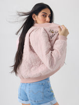 Women's Peach Casual Regular Fit Embroidered Full Sleeves Puffer Jacket