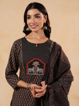 Women's Black Printed Straight Kurta Trouser With Dupatta set