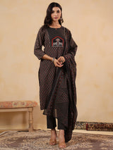 Women's Black Printed Straight Kurta Trouser With Dupatta set