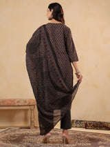 Women's Black Printed Straight Kurta Trouser With Dupatta set