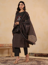 Women's Black Printed Straight Kurta Trouser With Dupatta set
