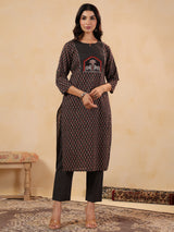 Women's Black Printed Straight Kurta Trouser With Dupatta set
