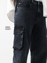 Men's Grey Solid Cargo Jeans