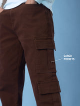 Men's Brown Solid Cargo Jeans