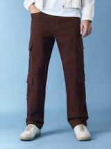 Men's Brown Solid Cargo Jeans